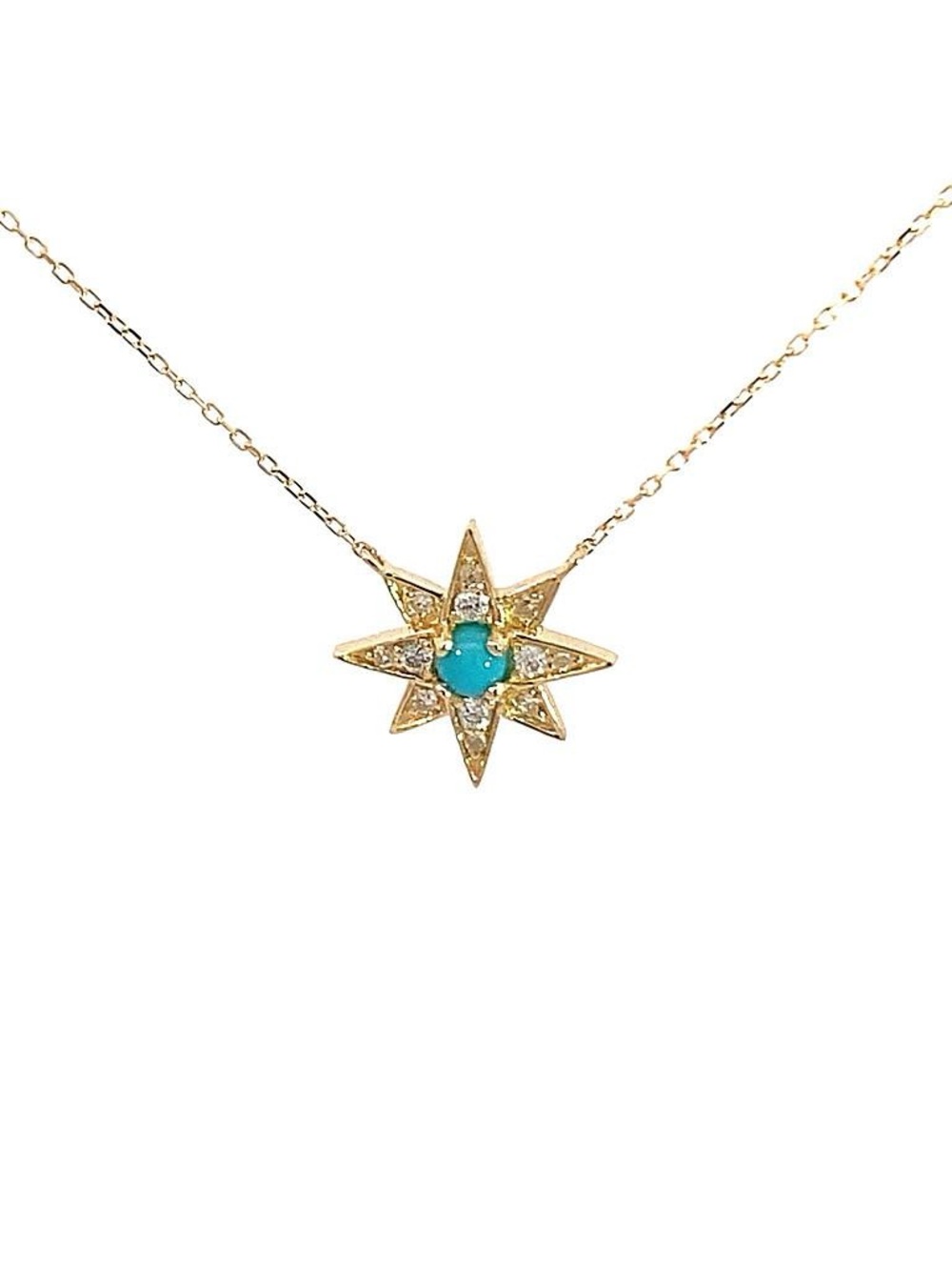 14K Real Yellow Gold Turquise And Diamond Star Necklace 16+2″